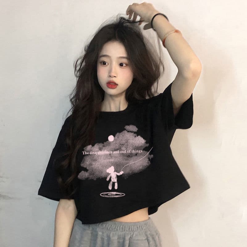 Women's Pure Cotton Short-Sleeved T-Shirt Summer 2025 New Retro Printed Sweet and Spicy Black Crop Top