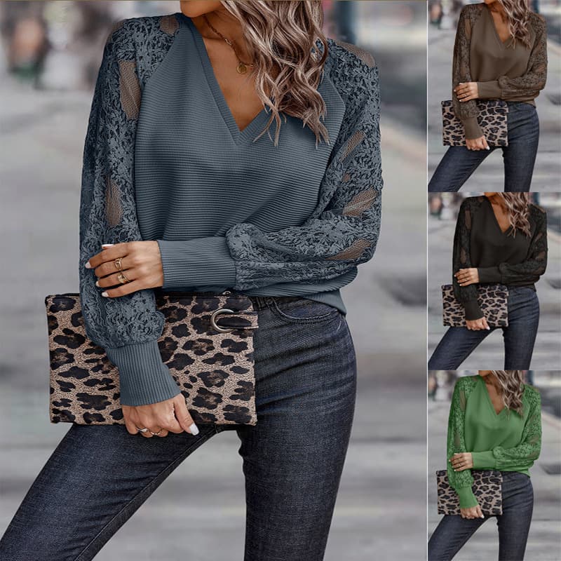 European and American Cross-Border Spring/Autumn 2024 New Women's Solid Color V-Neck Long Sleeve Lace Patchwork Fashion Knit Top