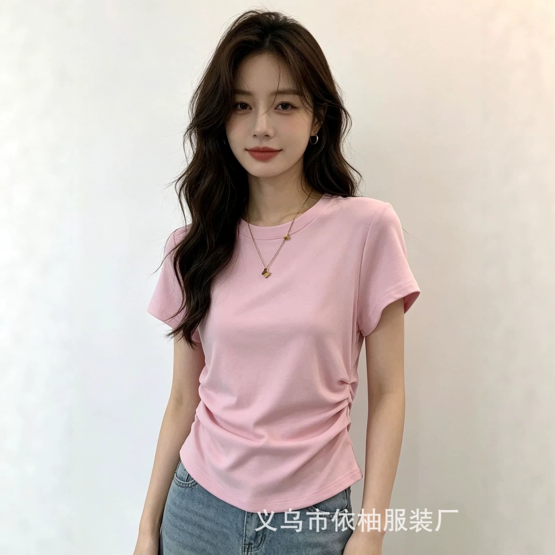Round Neck Short Sleeve Women's T-Shirt 2026 Summer New Design Slim Fit Pleated Versatile Cropped Top