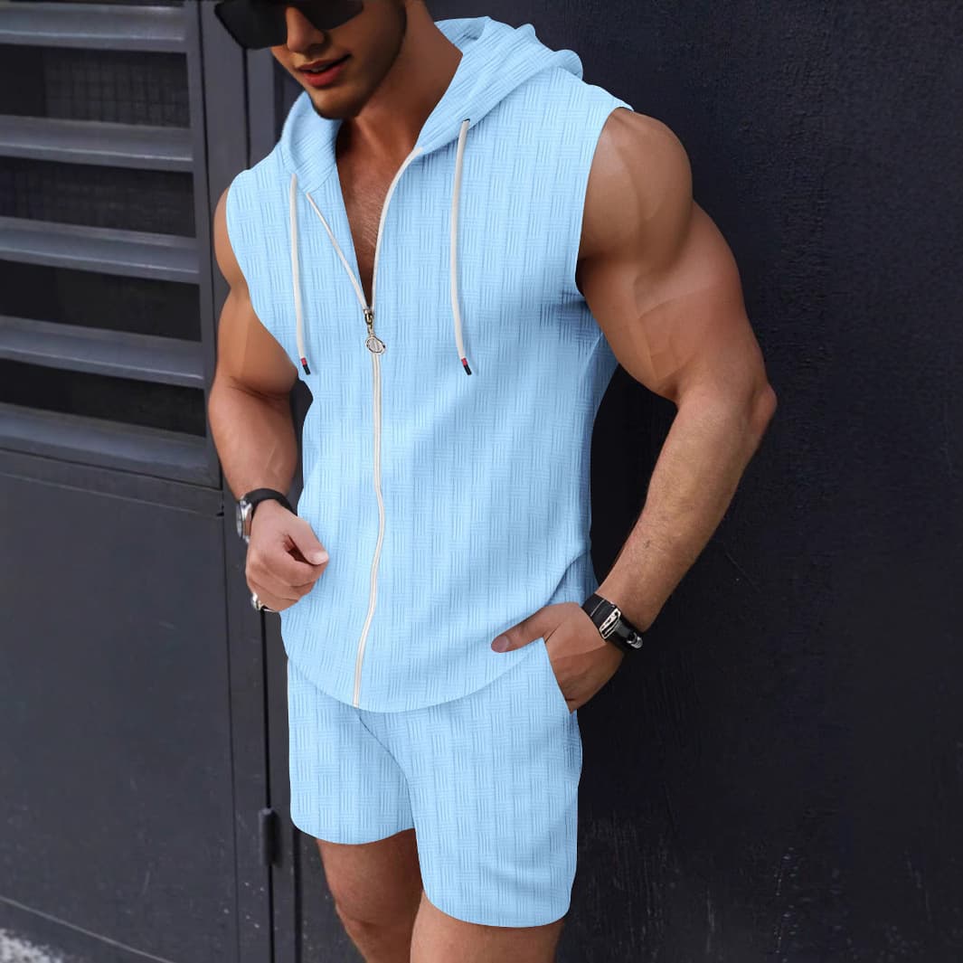 2025 New Fashion Men's Hooded Zip-Up T-Shirt Set with Plaid Sleeveless Vest and Shorts, Casual Two-Piece Outfit