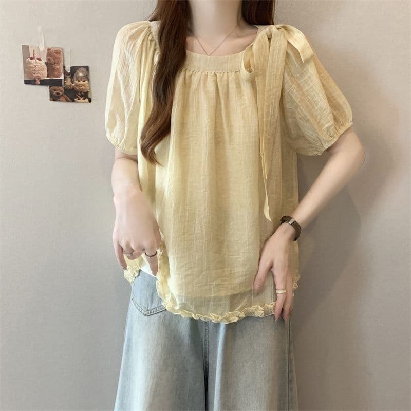 Plus Size Bow Chiffon Short Sleeve Blouse Women Summer 2026 New Fat mm Ruffled Hem Babydoll Top