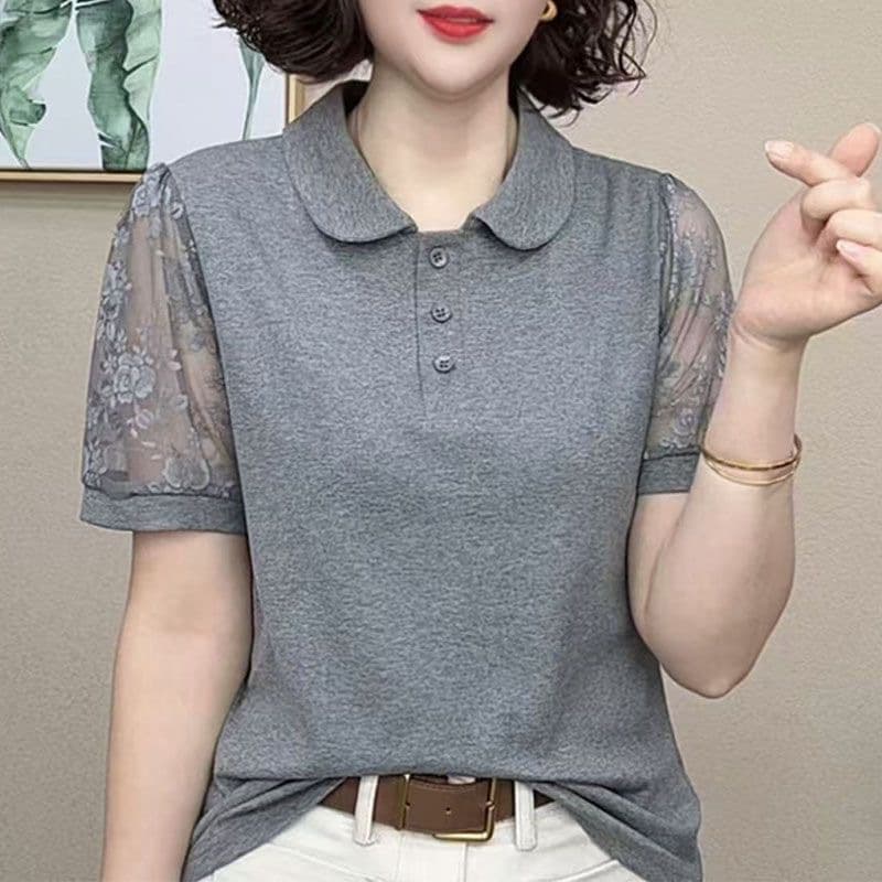 2025 Summer New Lace Hollow-Out Turn-Down Collar Solid Color Short-Sleeve T-Shirt Women Fashion Loose Age-Reducing Elegant Top