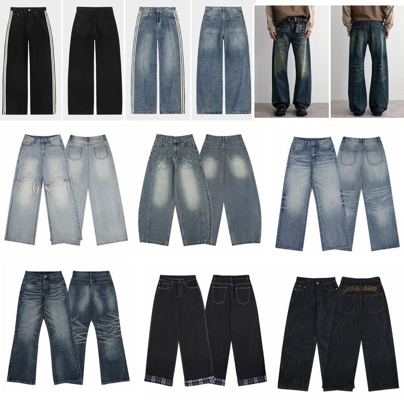 B style co-branded washed side stripes three-bar loose straight jeans trousers unisex wide-leg pants