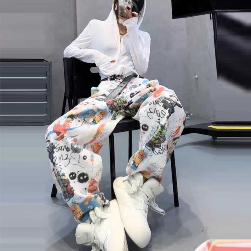American Retro Graffiti Cargo Pants Hip Hop Cuffed Wide Leg Pants Beach Pants Low Rise Casual Pants Women Summer