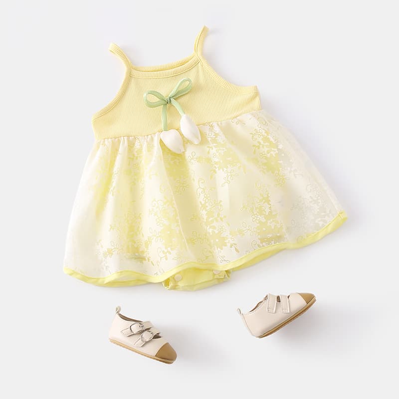 Baby Girls' Summer Romper with Embroidered Flower Tutu Dress, Outfit for 1-Year-Old