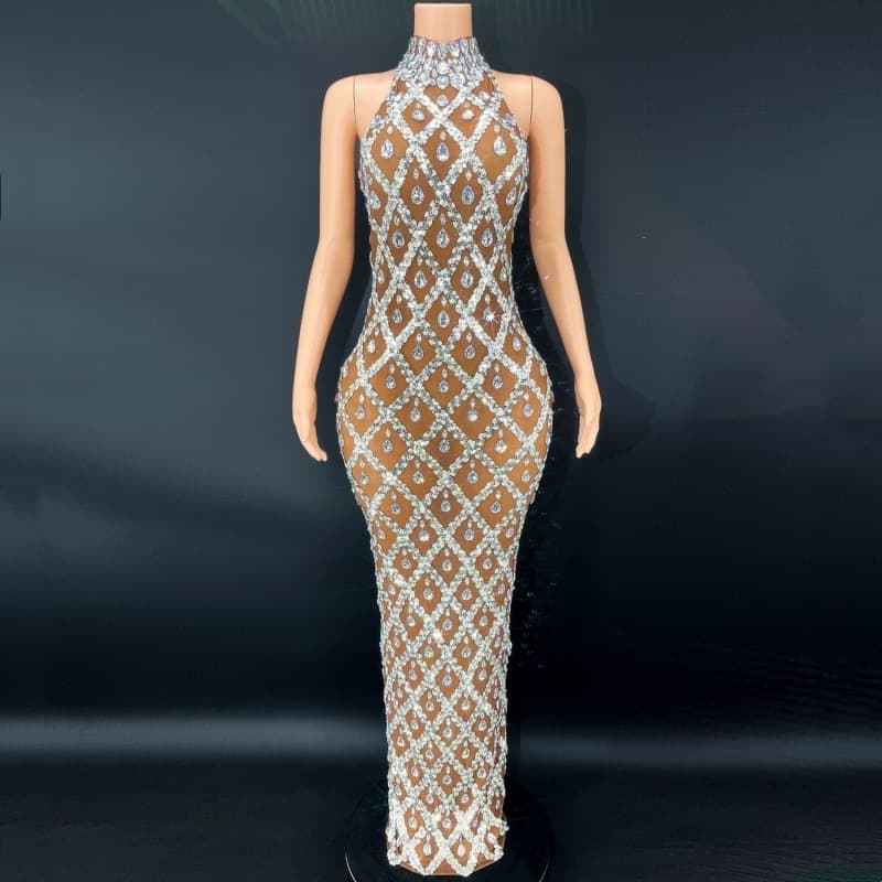 GC In Stock Cross-Border Sexy Sheer Mesh Halter Backless Sleeveless Maxi Dress with Sparkling Rhinestones for Party Nightclub