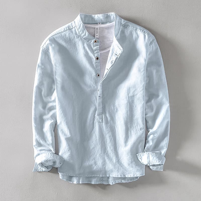 L959 Cotton-Linen Men's Casual Linen Shirt Korean Slim Solid Color Stand Collar Pullover Long Sleeve Cotton-Linen Material Shirt