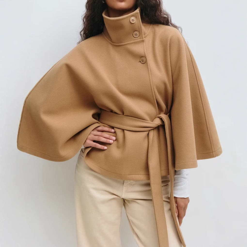 European and American Women's Clothing Autumn/Winter New Amazon British Style Cross-Border Fashion Solid Color Cape with Stand Collar, Buttons, and Belt
