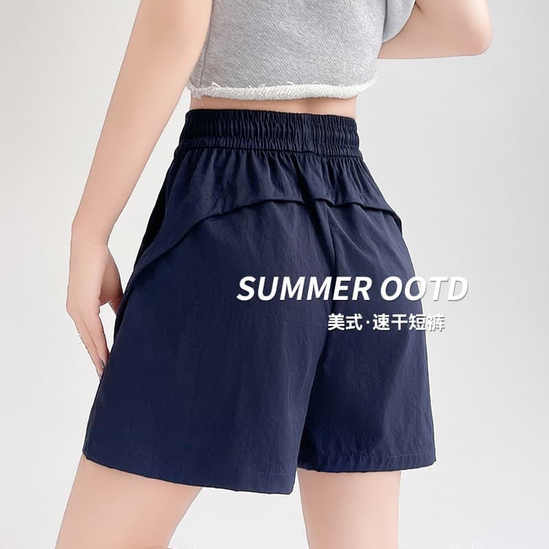 Sports pants high-waisted loose cargo shorts women's summer American three-dimensional quick-drying waist A-line five-point wide-leg navy blue