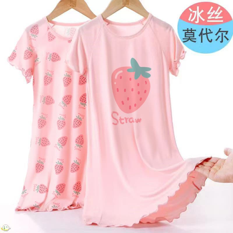 Girls' Sleep Dress Ice Silk Modal Baby Summer Thin Short Sleeve Pajamas for Older Kids 12