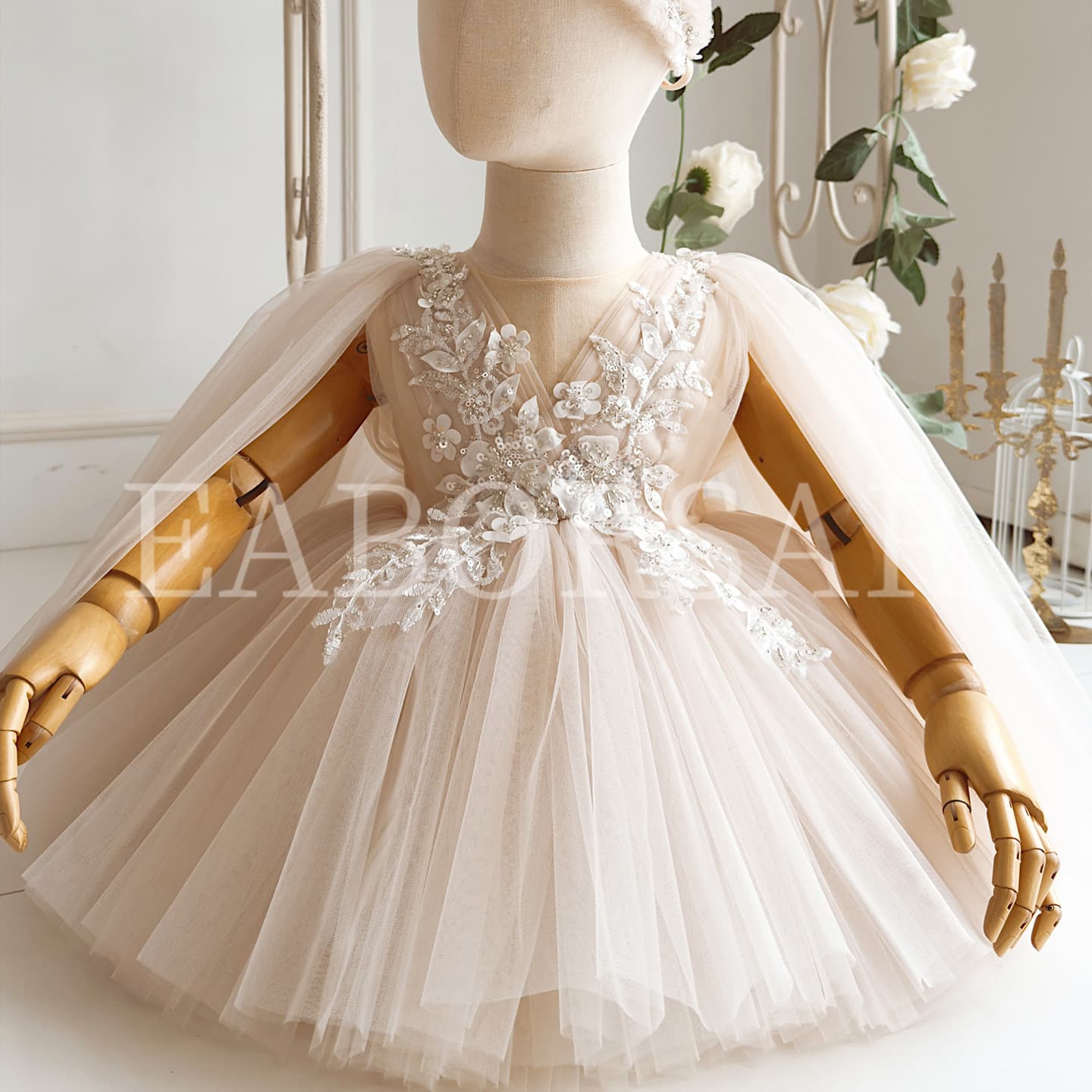 Children's Dress 2026 New Appliqué Girls Puffy Gauze Dress Princess Piano Show Performance Clothing Cross-border Shipping