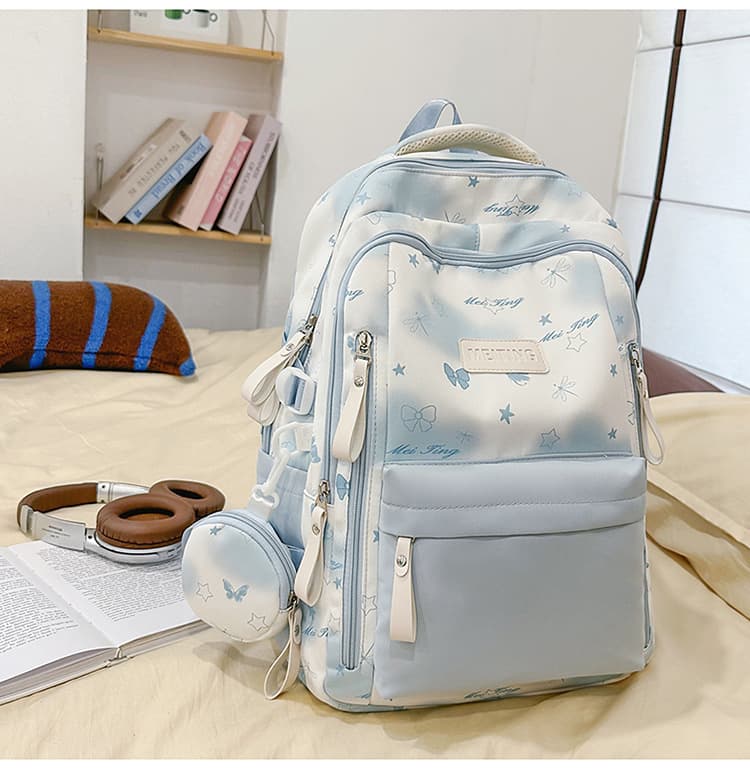 New Japanese-style trendy cute fresh butterfly doodle backpack, lightweight double-shoulder bag for middle and high school students