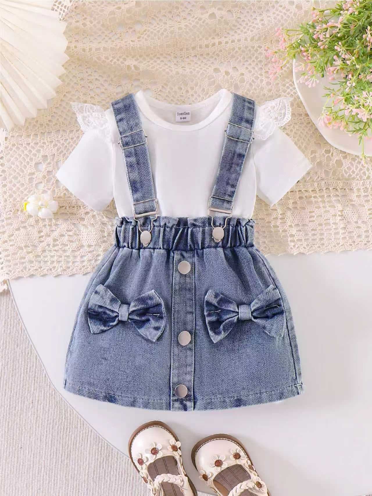 Baby Girls Clothes 0-3Y baby girl summer flying sleeve lace T-shirt + denim suspender skirt set ready stock