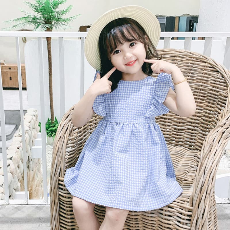 Girls' Dress 2026 Summer New Children's Beach Vacation Dress Baby Stylish Small Flutter Sleeve Plaid Dress