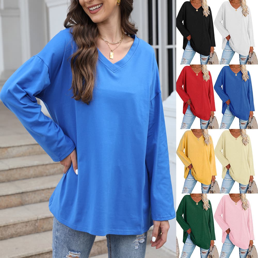 European and American Oversized Women's T-Shirt 2022 Amazon New Multicolor Loose Drop Shoulder V-Neck Solid Color Women's Top