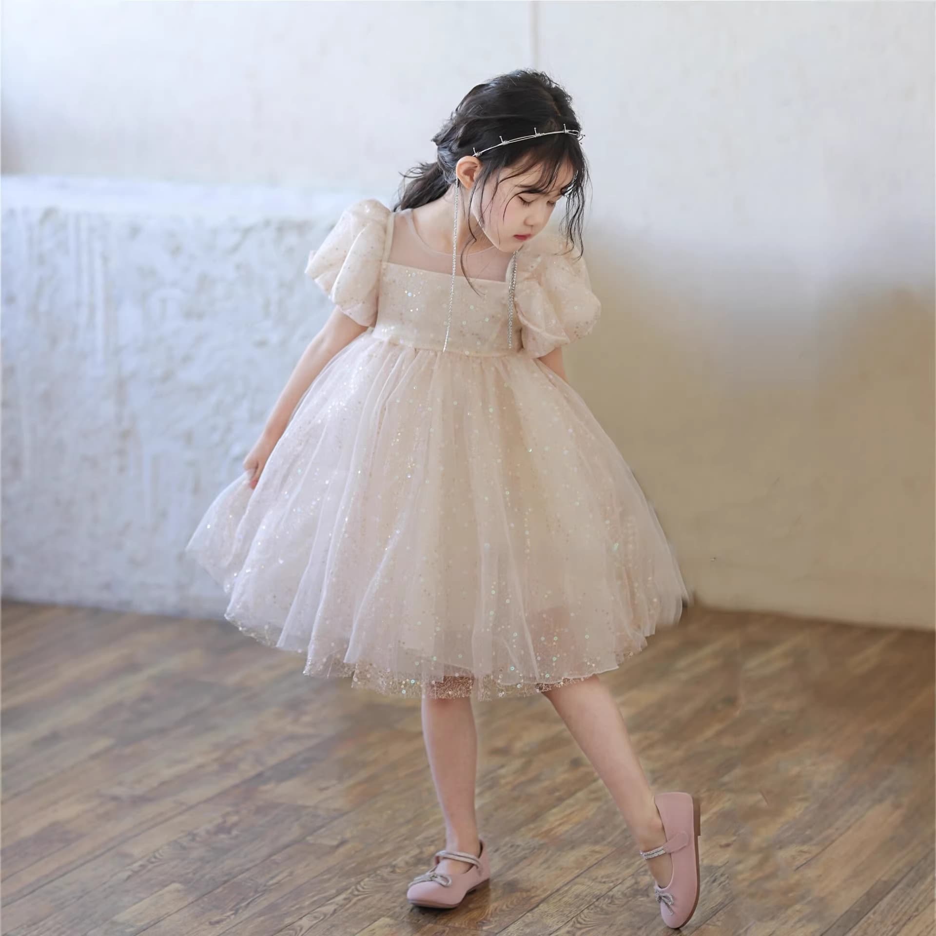 Girls Summer Princess Dress 2026 New Style Children Short Sleeve Dress Summer Kids Tulle Skirt