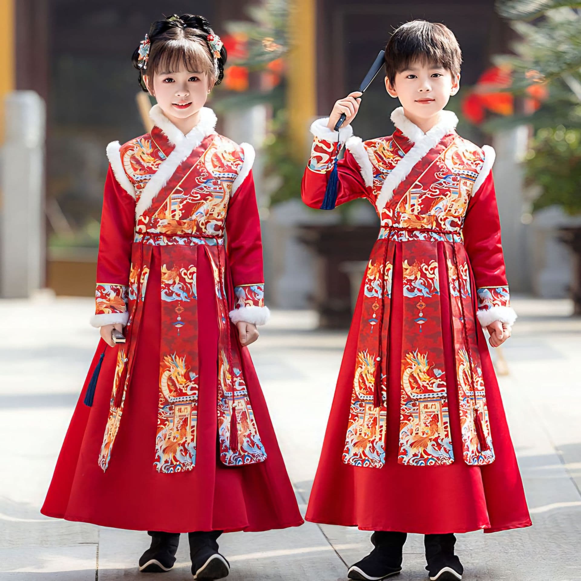 Children's Winter Performance Costume, Fleece-Lined Thickened Hanfu for Boys and Girls, Ancient Style Tang Suit New Year Outfit, Baby Girl Fleece Hanfu