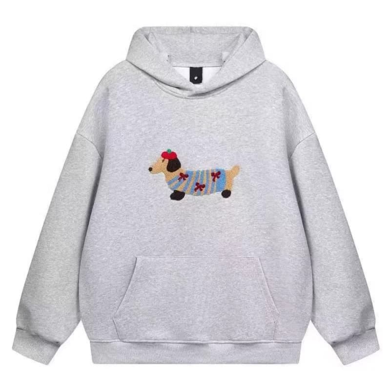 European and American Cross-Border Furry Dachshund Embroidered Fun Hooded Autumn and Winter Sweatshirt Loose Couple Gray Hoodie