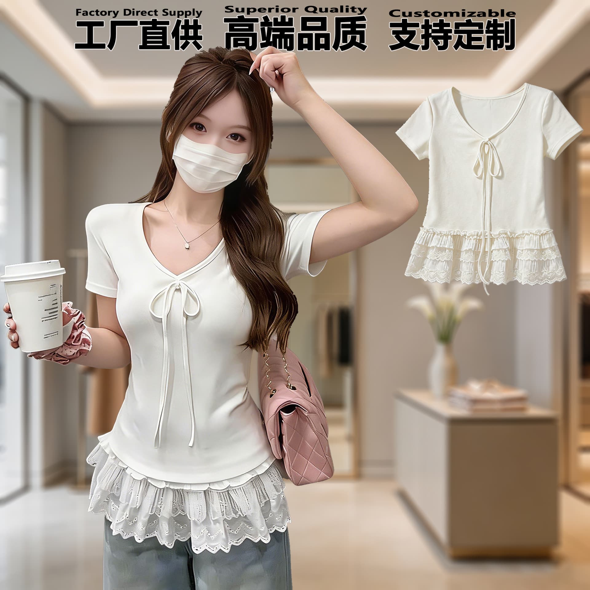 Custom T-Shirt Short Sleeve Women V-Neck Tie Lace Summer Slim Fit Korean Style Cotton T-Shirt Women's New Top Clothing