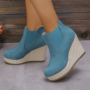 European and American wedge heel women's shoes 2026 autumn and winter new deep mouth fashion peep toe thick bottom woven heel short boots cross-border