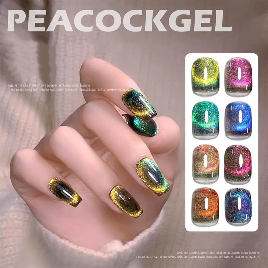 Color-Changing Peacock Cat's Eye Nail Art Gel Crystal Stone Design Fashionable 2023 UV LED Light Curing Nail Polish