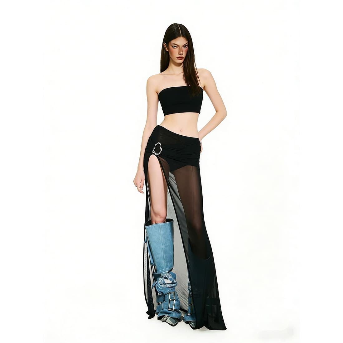 2026 Spring/Summer European and American New Arrival Simple Sexy Shirred Design Mesh Patchwork Sheer Fitted Bodycon Skirt for Women