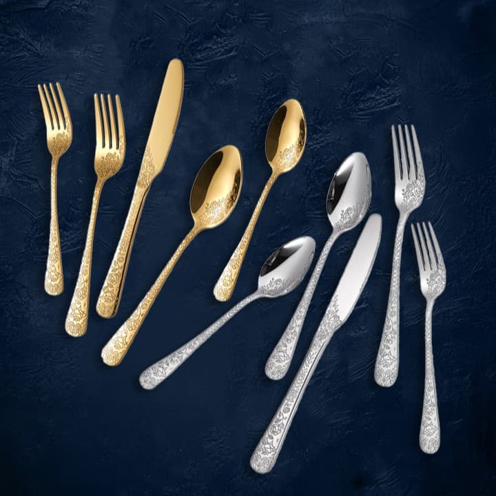 Cross-border trade 410 stainless steel Western tableware set with rose pattern steak knife fork spoon, household dessert fork and spoon
