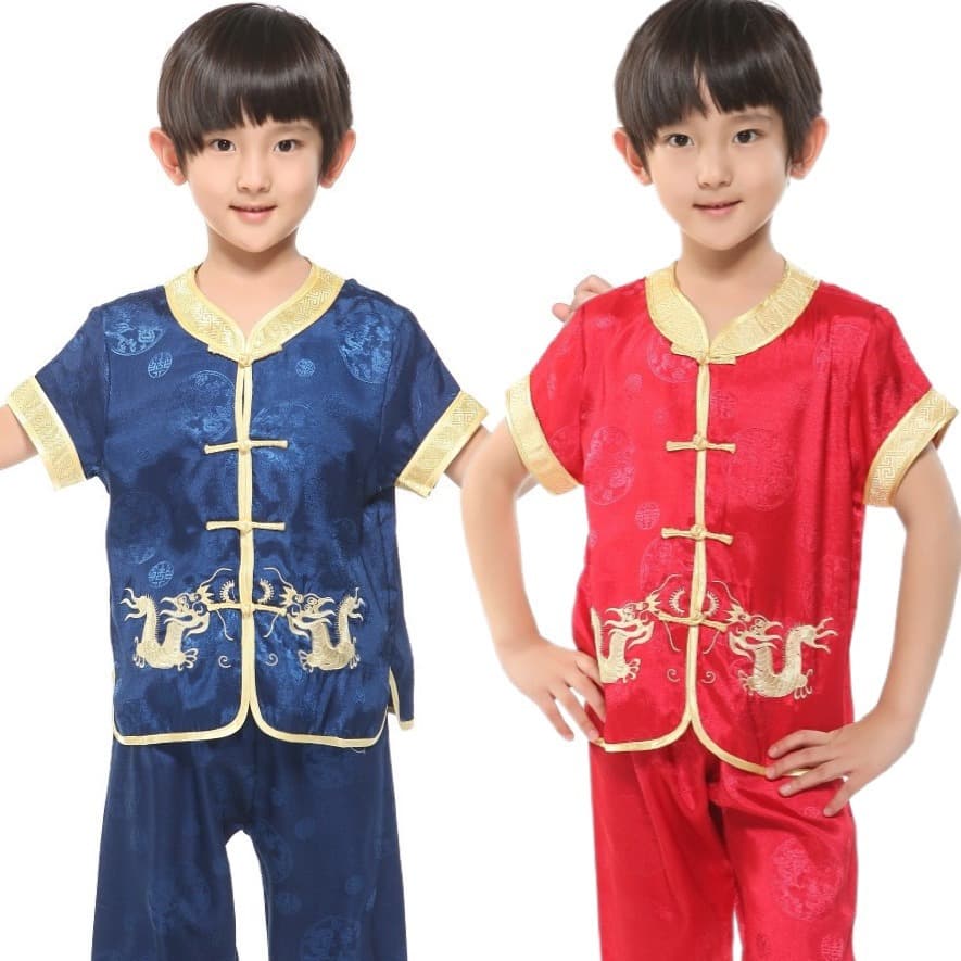 Red Special Offer Small Double Dragon Set Tang Suit Summer Boys Short Sleeve Pants Set Tang Suit Embroidered Dragon