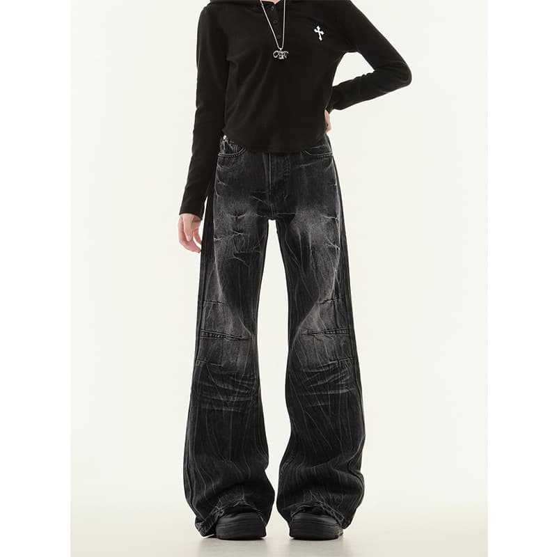 American Street Washed Lightning-Print Wide-Leg Jeans for Women and Men Fall Trendy New Black Slim Flared Pants
