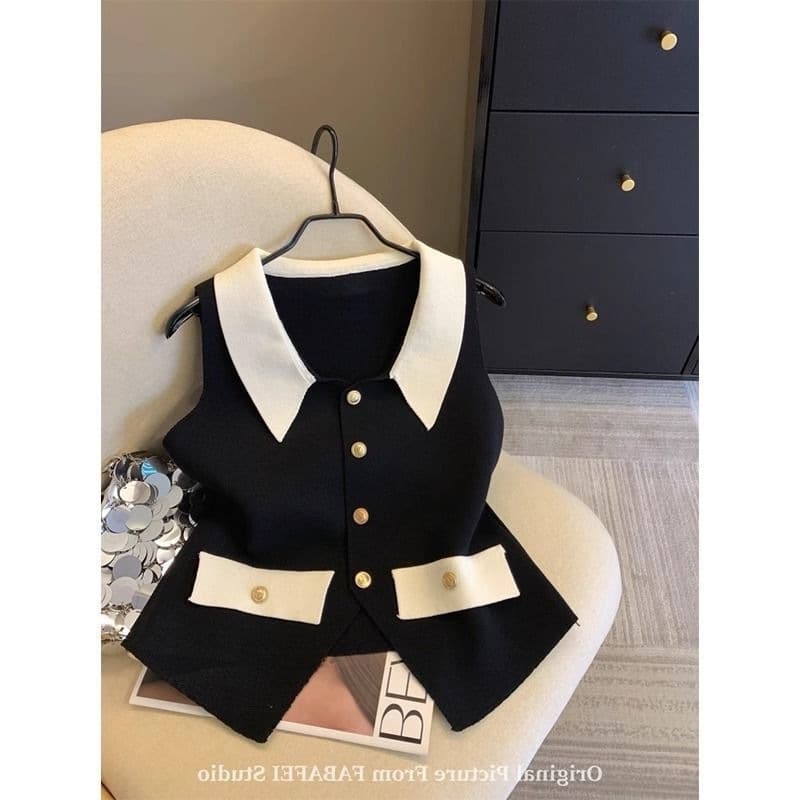 2025 New Summer Style Small Fragrant Style Contrasting Color V-Neck Vest Women's Layered Knitted Vest