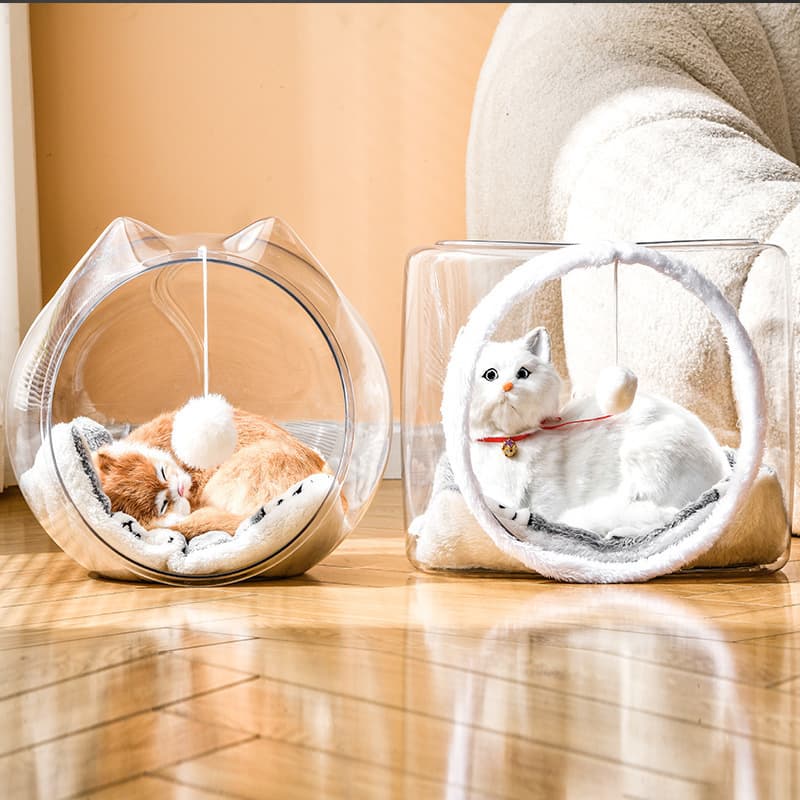 Space Capsule Cat Bed, All-Season Semi-Enclosed Breathable Plastic Cat Cage, Transparent Cat Villa with Cat Teaser Ball, Pet Bed