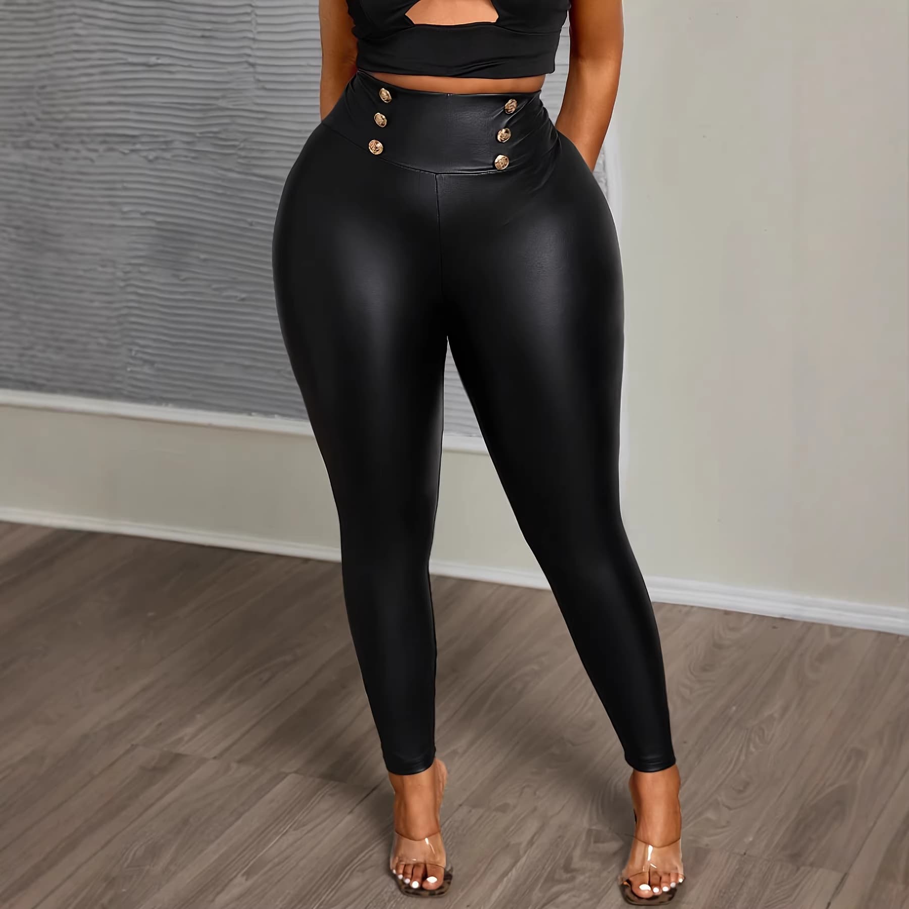 Plus Size Women's Slim Fit Solid Color Stretch PU Leather Long Pants for Curvy Women, European and American Style