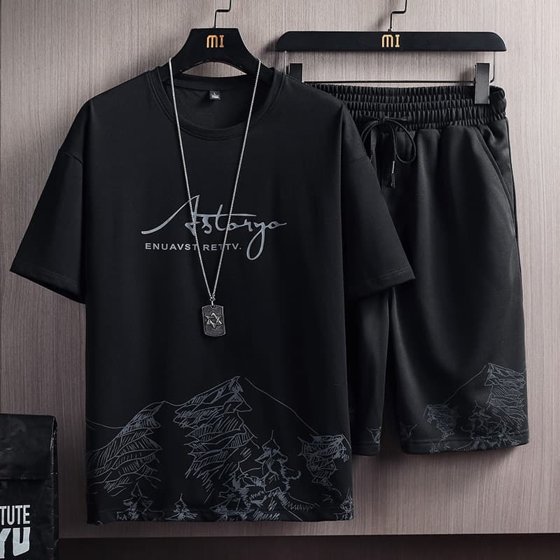Ice Silk Short Sleeve T-Shirt for Men Summer Thin Cool Quick-Dry Loose Trendy Casual Sports Shorts Set