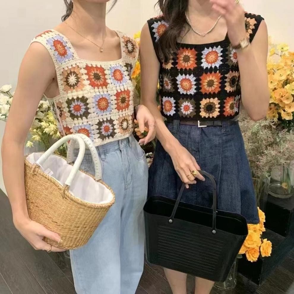 Vintage Granny Square Hand-Crocheted Knit Vest Women's Summer Ethnic Style Hollow-Out Short Camisole Outerwear Sleeveless