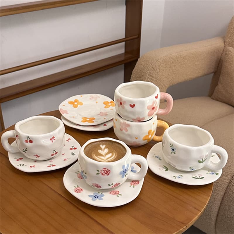 Korean Ins Style Hand-Painted Floral Ceramic Cup and Saucer Set, Hand-Pinched Irregular Coffee Cup and Saucer, Afternoon Tea Cup and Saucer