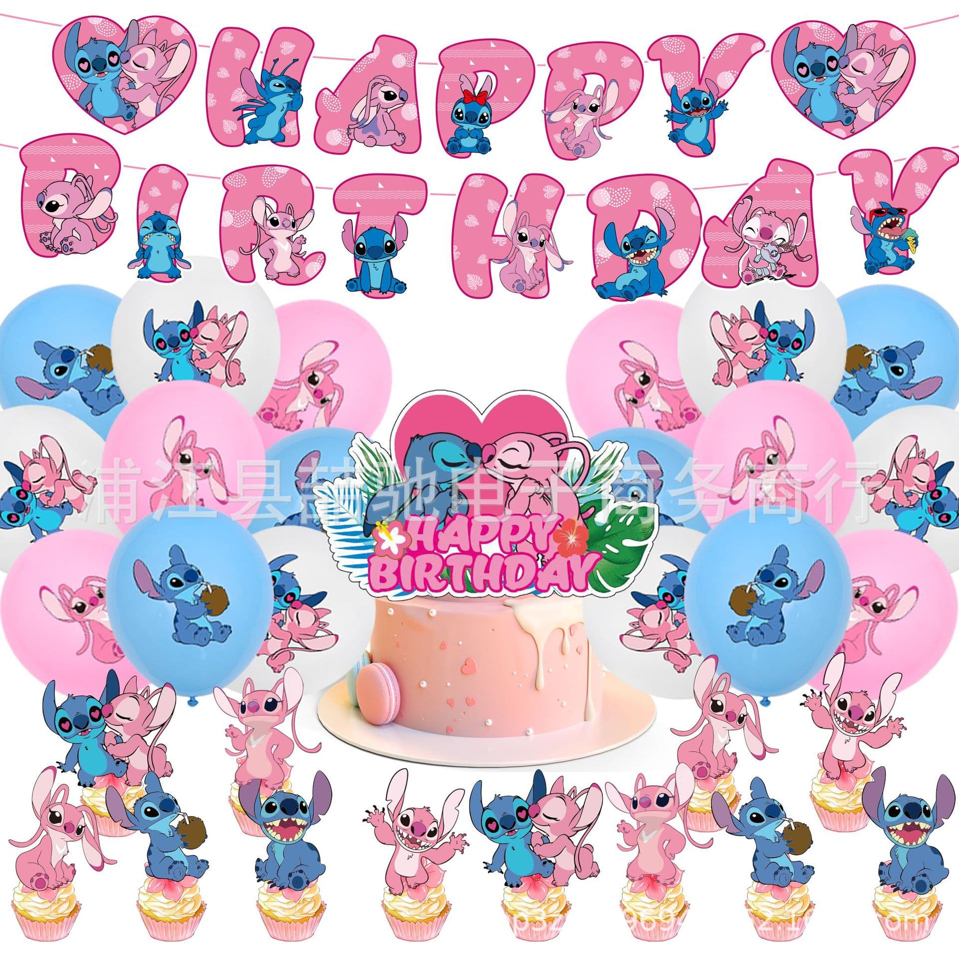 Pink Stitch Angel Theme Birthday Party Decoration Lilo Pull Flag Girl Background Triangle