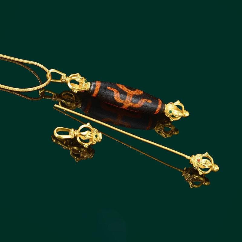 Nine-Eye Dzi Bead Buckle with Screw-Open Design, Vertical Threading for DIY Accessories, Pendant Buckle, Vajra Pestle Hollow Base
