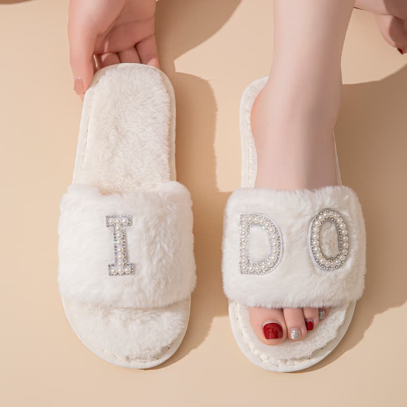 IDO BRIDE MRS Pearl Letter Plush Slippers Wedding Party Bride Slippers Cross-Border Hot Selling Cotton Slippers