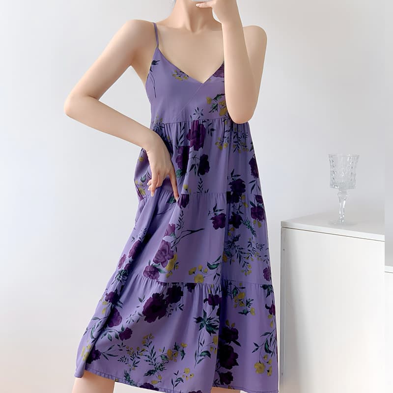 Purple Sexy Sling Nightgown Summer Thin Women's Cotton Silk Mid-Length Outer-Wearing Slimming Skirt Cotton Silk Pajamas