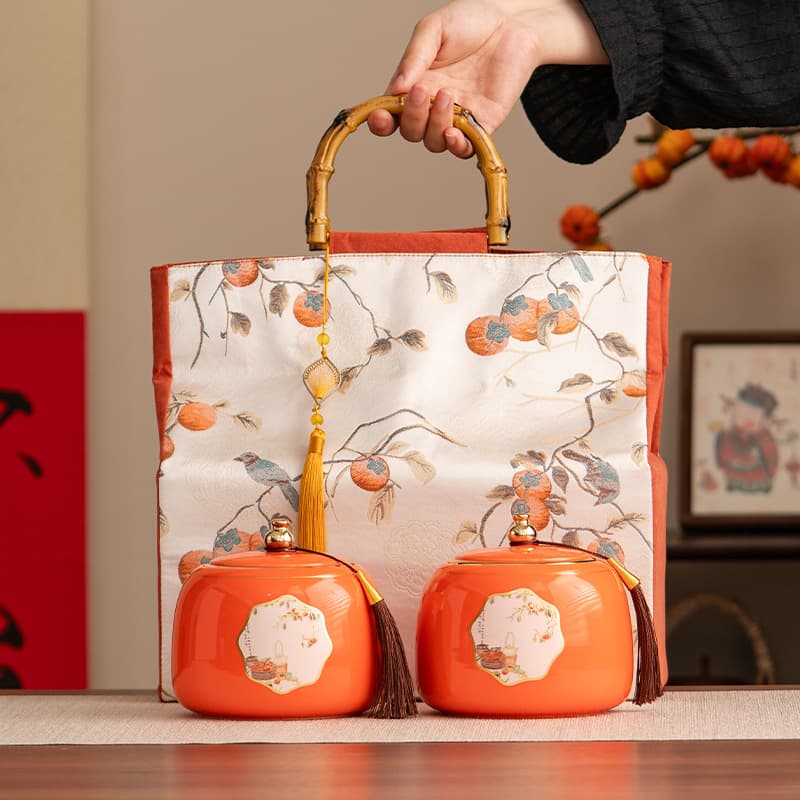 Customized Persimmon-Themed Storage Jar, New Fabric-Wrapped Tea Caddy, Creative Food Moisture-Proof Sealed Container with Packaging