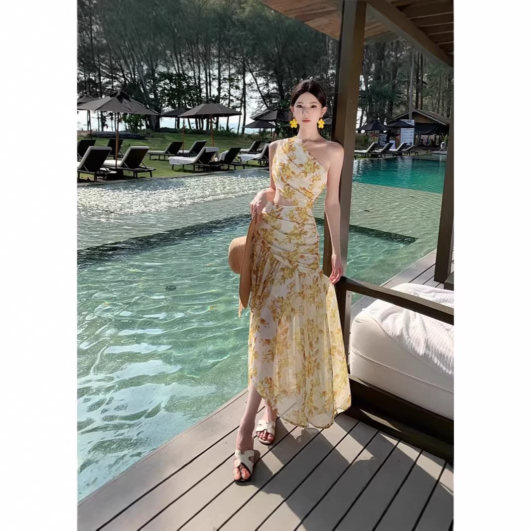 Sexy Off-Shoulder Floral Waist-Cutout Dress for Women Summer Thailand Cross-Border Sanya Beach Vacation Maxi Dress