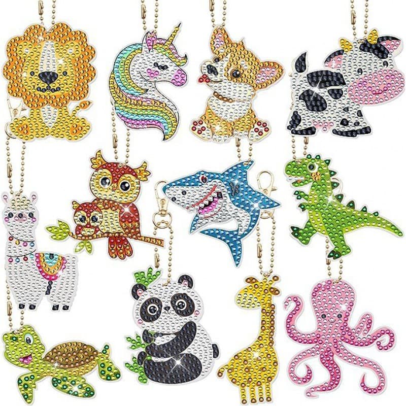 12 Pieces Diamond Painting Keychain Set Animal Diamond Art Jewelry 5D Diamond Key Ring DIY