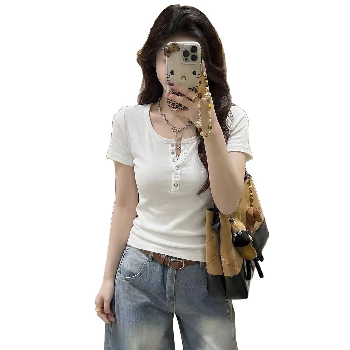 Actual Price 40s Pure Cotton 210g (92% Cotton / 8% Spandex) Short Sleeve T-Shirt for Women with Buttons