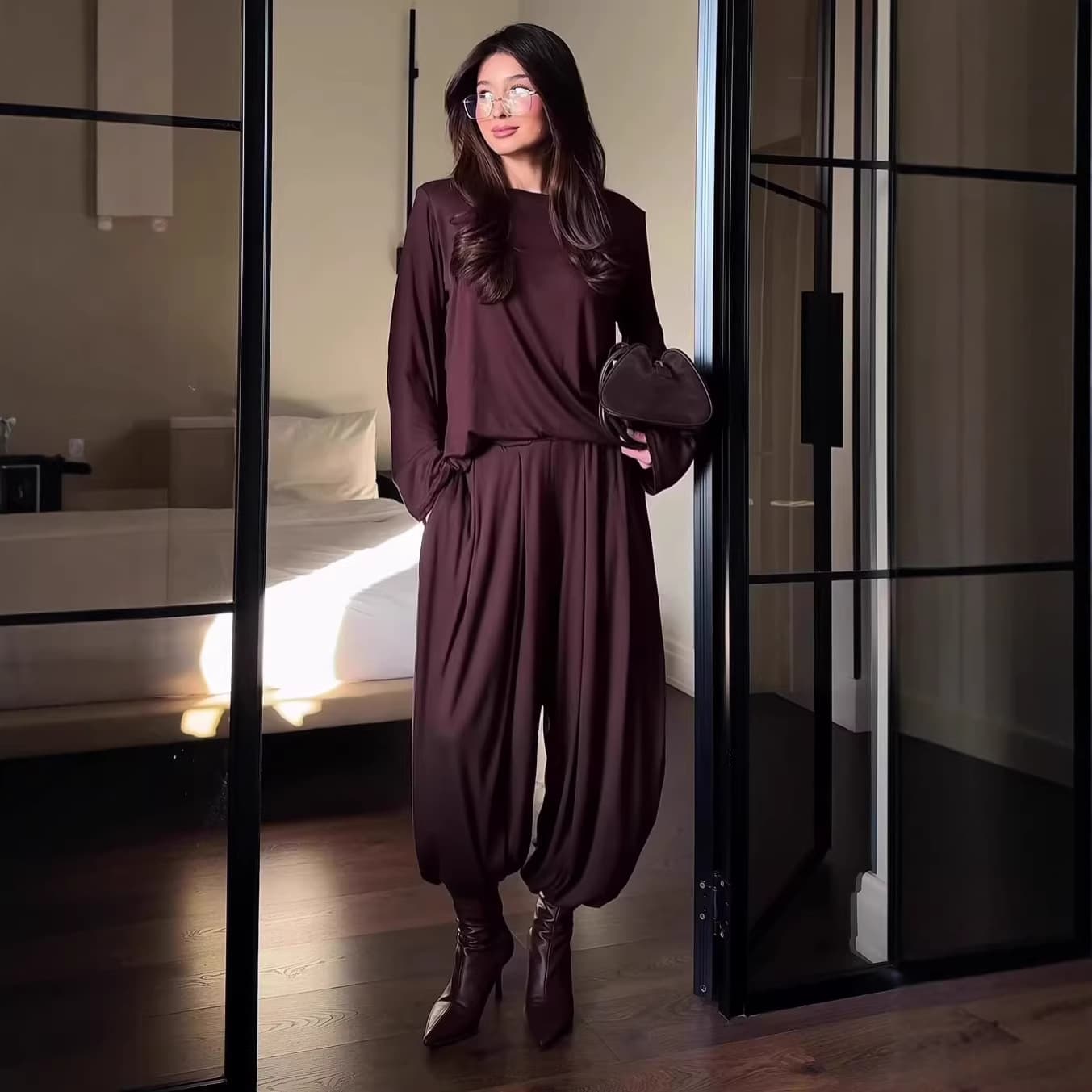 European and American Cross-Border Women's Fashion 2026 Spring New Solid Color Round Neck Loose Long Sleeve Top Wide Leg Pants Set