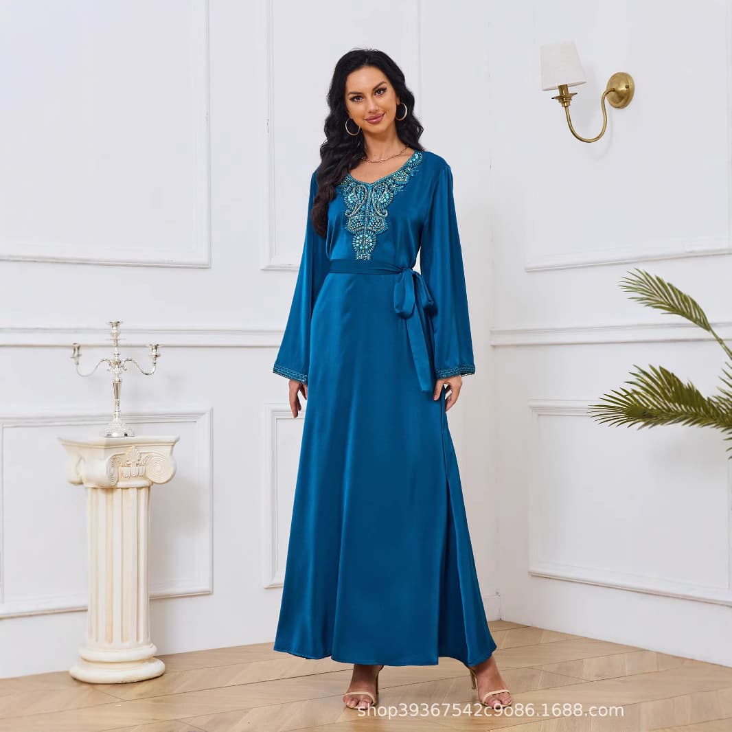 MT033 Cross-Border Export Women's Long Robe New Beaded Elegant Fitted Dress