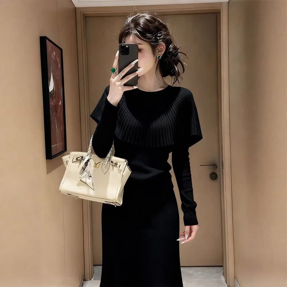 French Style Elegant Cape Slim Fit Versatile Knit Top Women Autumn Winter Black Heiress Long Sleeve Sweater