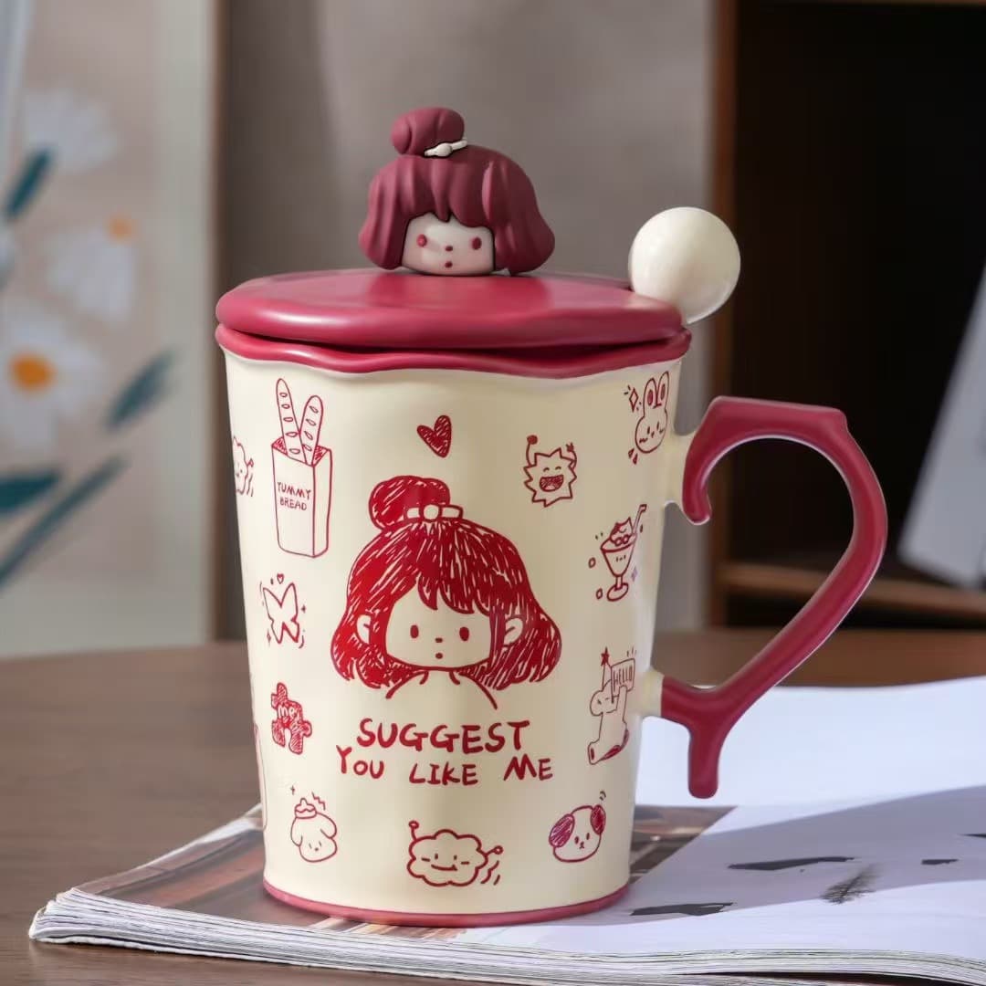 Creative Couple Ceramic Mug with Lid and Spoon, High-Capacity, Stylish Gift for Women, Home Use