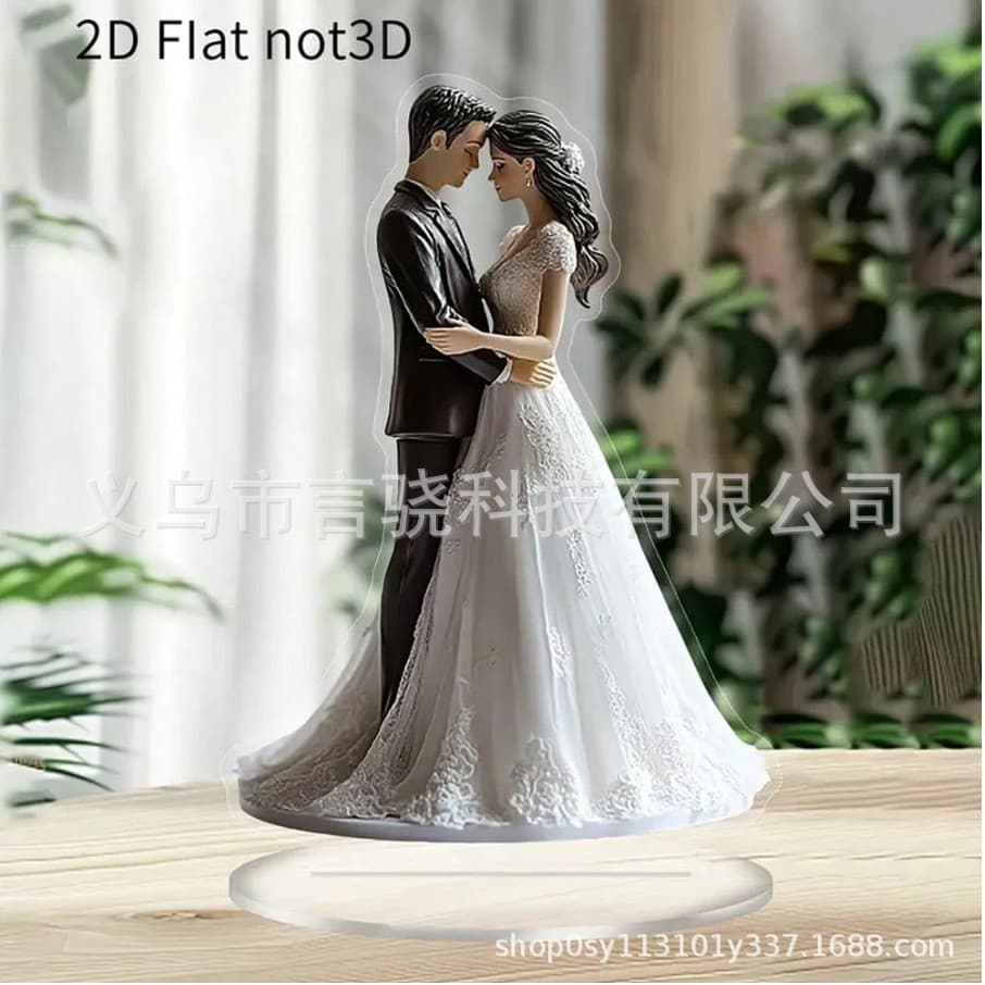 1-pack 2D flat acrylic couple romantic wedding scene with "I love you" design