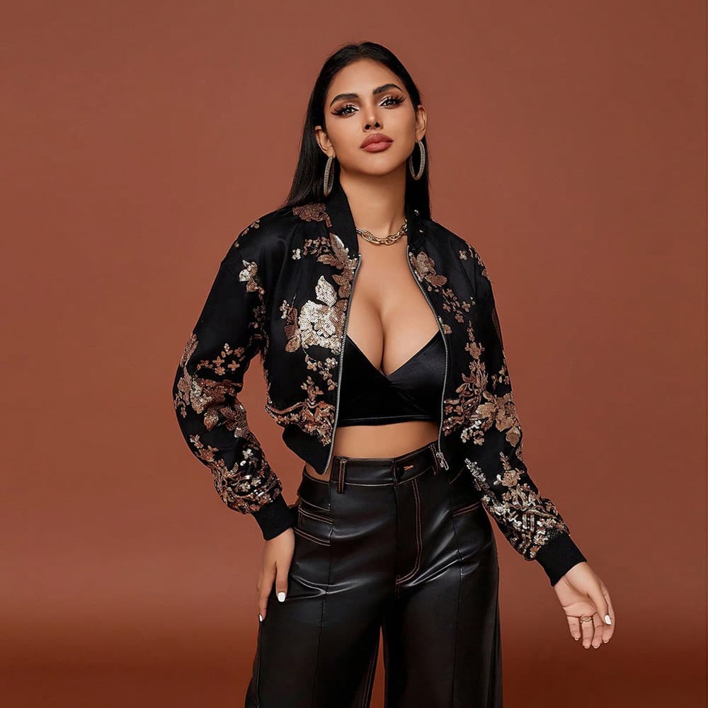 Cross-border Fall New European & American Women's Sexy Hot Girl Style Jacket Sequined Embroidered Short Slim Long-Sleeve Jacket