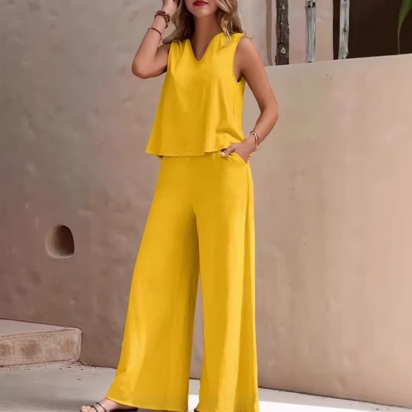 2026 Amazon Europe and America Cross-Border Hot-Selling Solid Color Elegant Two-Piece Set V-Neck Vest and Wide-Leg Pants Set for Women